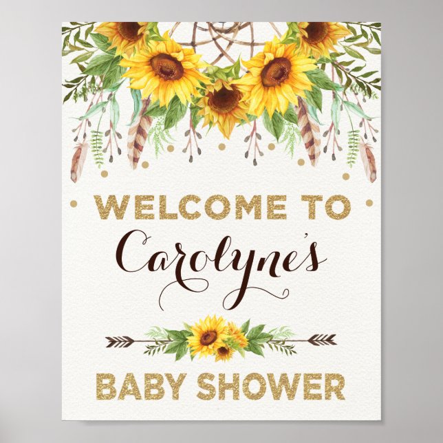 Póster Sunflowers Baby Shower Rustic Boho Welcome (Frente)