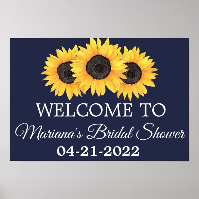 Póster Sunflowers Bridal Shower Rustic Navy Blue (Frente)