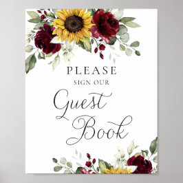 Póster Sunflowers Burgundy Greenery Boda Guest Book