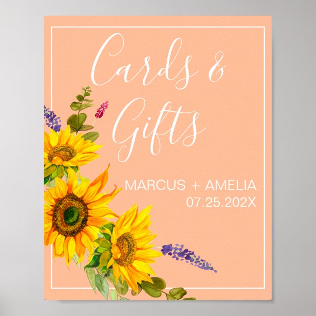 Póster Sunflowers en el Rótulo de Regalos de Boda de Peac (Frente)