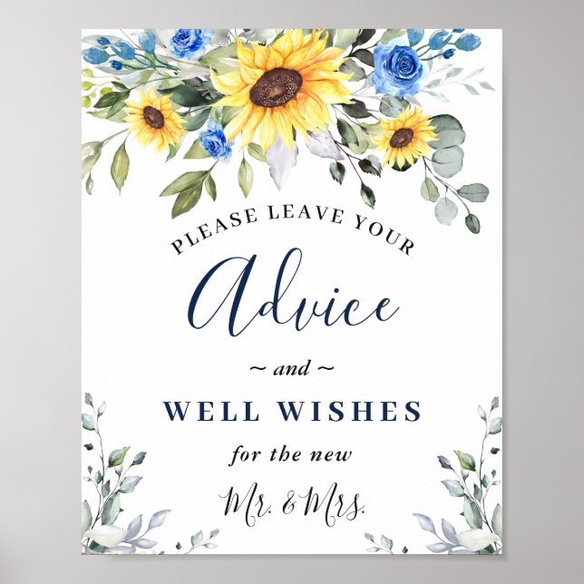 Póster Sunflowers Eucalyptus Advice & Wishes Wedding Sign (Frente)