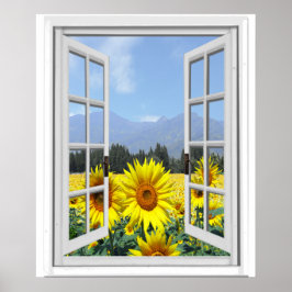 Póster Sunflowers Garden Faux Artificial Window View