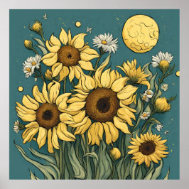 Póster Sunflowers in Full Moon Van Gogh Style Floral