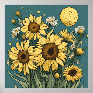 Póster Sunflowers in Full Moon Van Gogh Style Floral