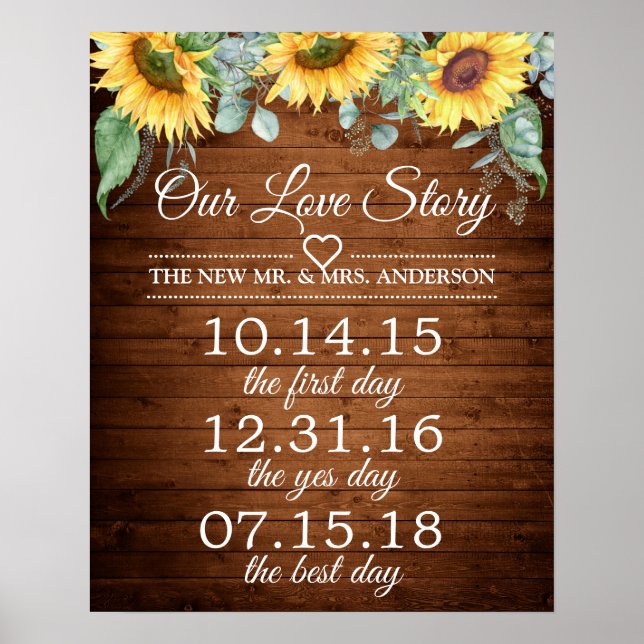 Póster Sunflowers Our Love Story Timeline Boda Rótulo (Frente)