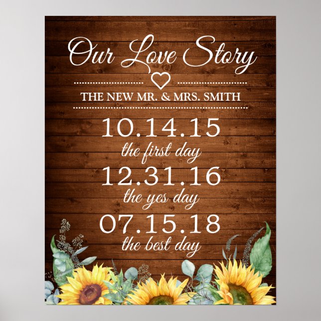 Póster Sunflowers Our Love Story Timeline Boda Rótulo (Frente)
