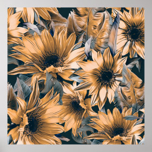 Póster Sunflowers seamless pattern. Autumn watercolor bac