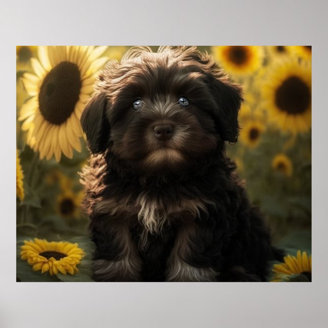 Póster Sunflowers y Chocolate Havanese puppy de HavaHug (Frente)