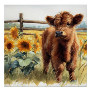 Póster Sunflowers y Highland Calf