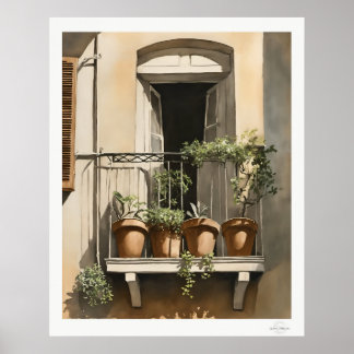 Póster Sunlit Balcony with Flowers Oil Painting Print