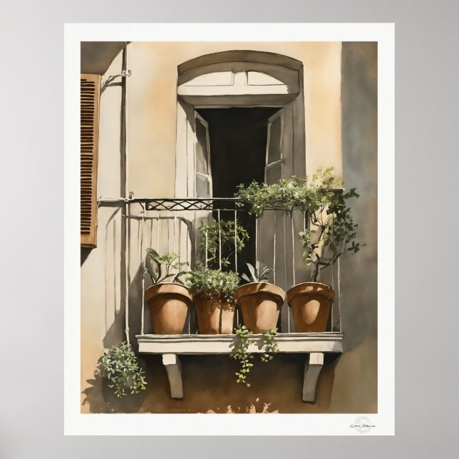 Póster Sunlit Balcony with Flowers Oil Painting Print (Frente)