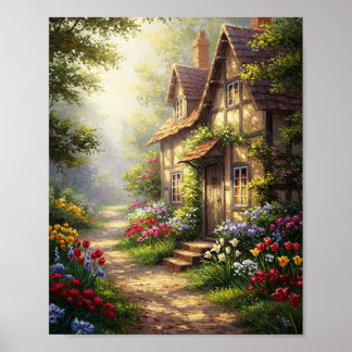 Póster Sunlit Cottage & Flowers | Oil Masterpiece