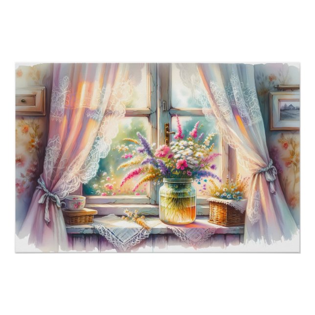 Póster Sunlit Cottage Window Wildflowers (Anverso)
