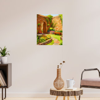 Póster Sunlit Stone Courtyard Garden Path Watercolor Art