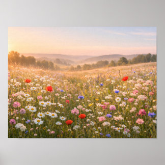 Póster Sunlit Wildflower Meadow at Golden Sunrise