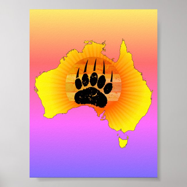 Póster Sunny Australia Map Bear Bear con Retro Sunset (Frente)