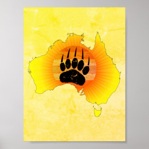 Póster Sunny Australia Map Bear Bear con Retro Sunset