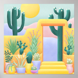 Póster Sunny Cactus Garden Desert Landscape Ilustracion