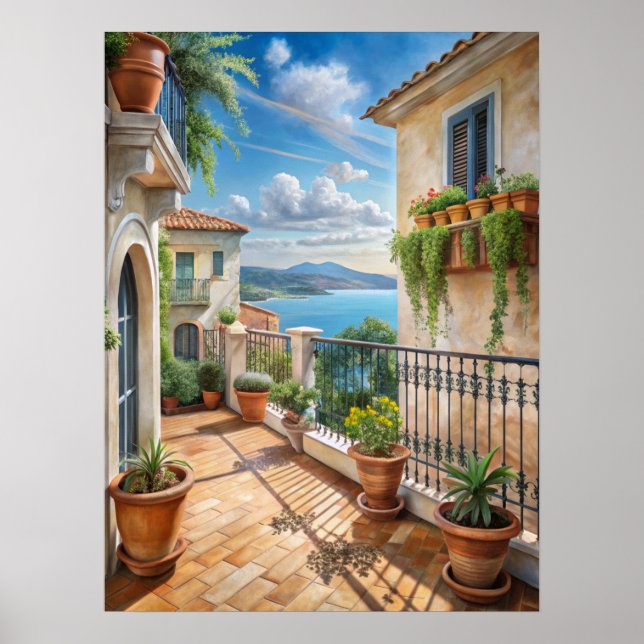 Póster Sunny Mediterranean Balcony Sea View Art (Frente)