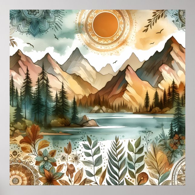 Póster Sunny Rustic Boho Nature Pattern Mountain Lake (Frente)