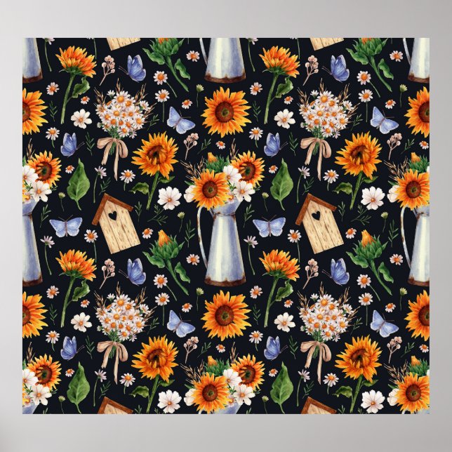 Póster Sunny Rustic Watercolor Sunflowers Pattern (Frente)