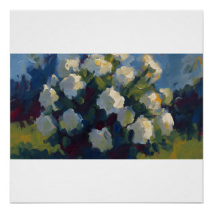 Póster Sunny White Rose Garden Impressionistic Painting.