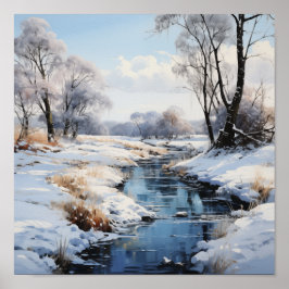Póster Sunny Winter Field y Stream Outdoor Scenic