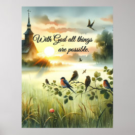 Póster Sunrise Church with Birds in Misty Meadow