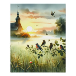 Póster Sunrise Church with Birds in Misty Meadow No Verse
