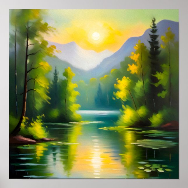 Póster Sunrise over snow covered mountains and lake (Frente)