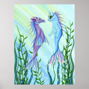 Póster Sunrise, Sea Dragon & Mermaid Cat Fantasy Art