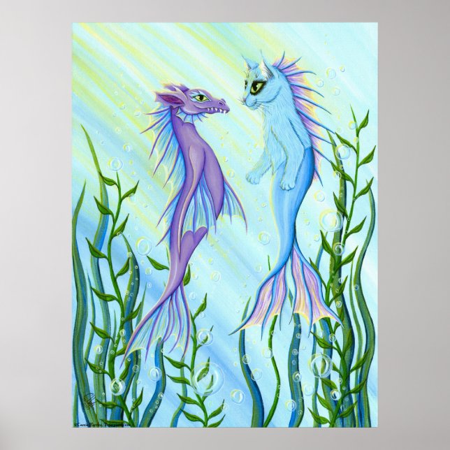 Póster Sunrise, Sea Dragon & Mermaid Cat Fantasy Art (Frente)