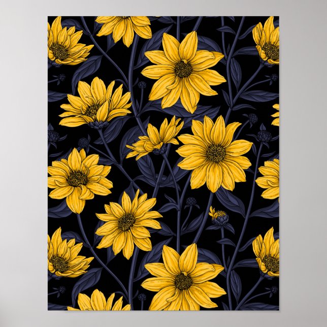 Póster Sunroot, girasol salvaje en amarillo y azul (Frente)