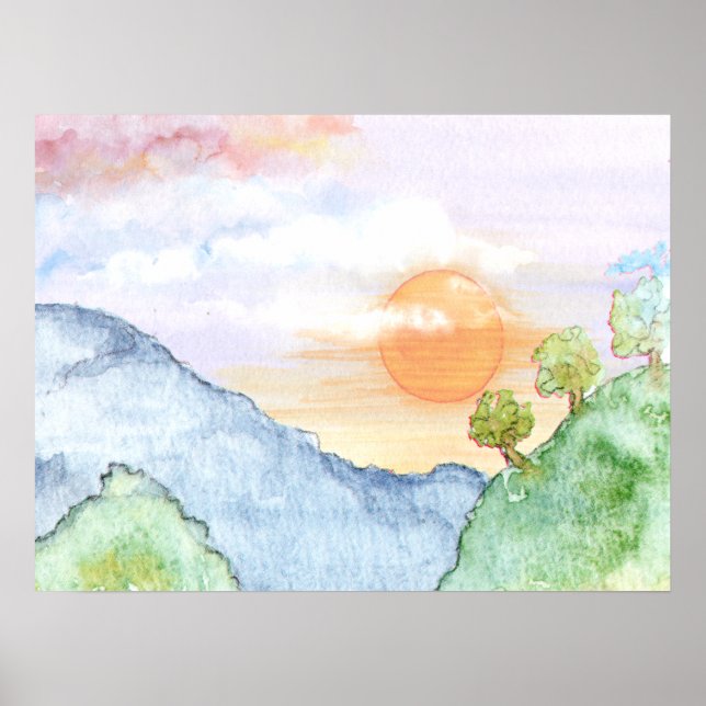 Póster Sunset acuarela sobre montañas y árboles (Frente)