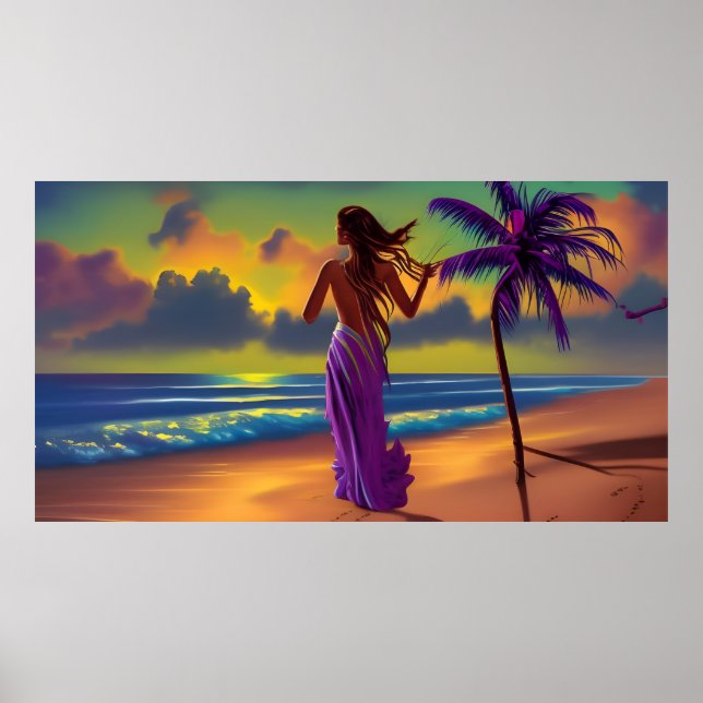 Póster Sunset Beach mujer mar azul fluyendo sol morado (Frente)