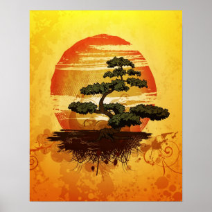 Póster Sunset de bonsai Tree japonés