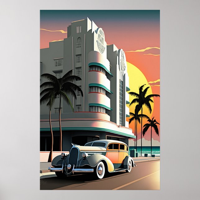 Póster Sunset de Miami Beach Ocean Drive, de estilo Art D (Frente)