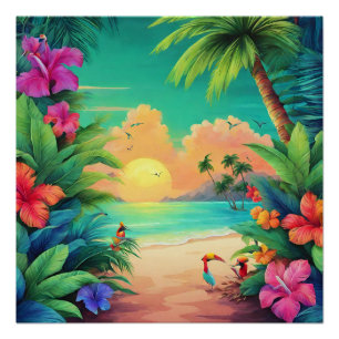 Póster Sunset de playa tropical con flores de Hibiscus