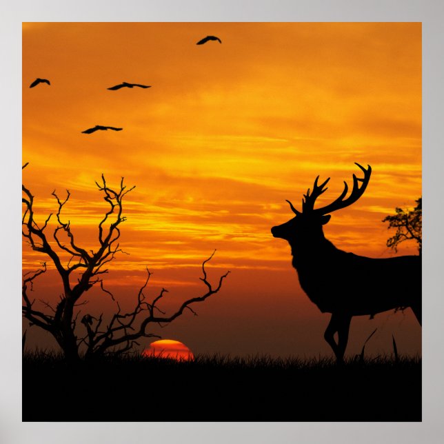 Póster Sunset Deer Silhouette (Frente)