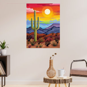 Póster Sunset del desierto con paisaje de Cactus