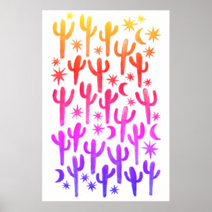 Póster Sunset Desert Fun Cactus Patrón Rosa Watercolor