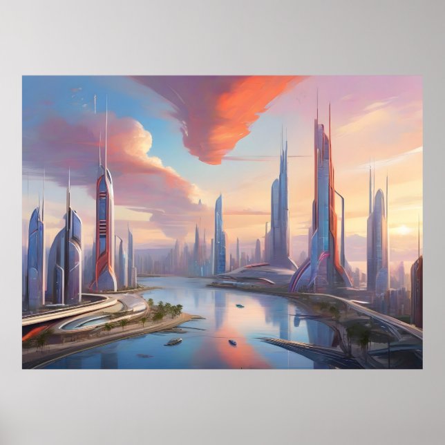 Póster Sunset futurista: Vibrante paisaje tecnológico (Frente)
