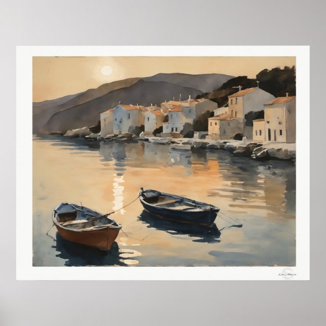 Póster Sunset Harbor Reflection Oil Painting Art Print (Frente)