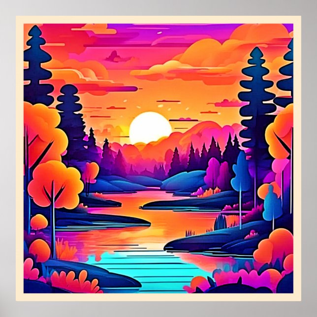 Póster Sunset Lake Fantasy Art (Frente)