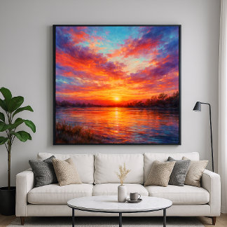 Póster Sunset Lake - Pastel Painting Style Art