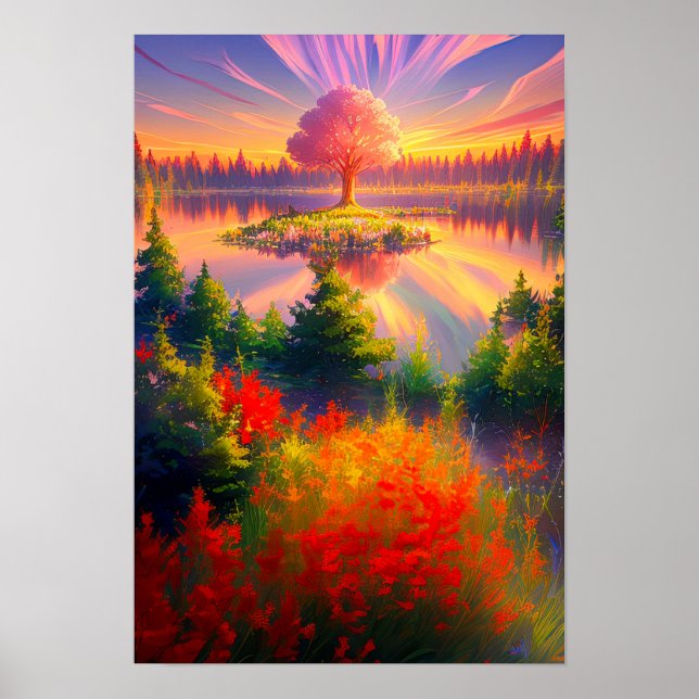 Póster Sunset majestuoso, árbol gigante (Frente)