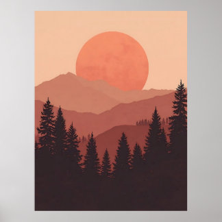 Póster Sunset Mountain Forest Nature Illustration
