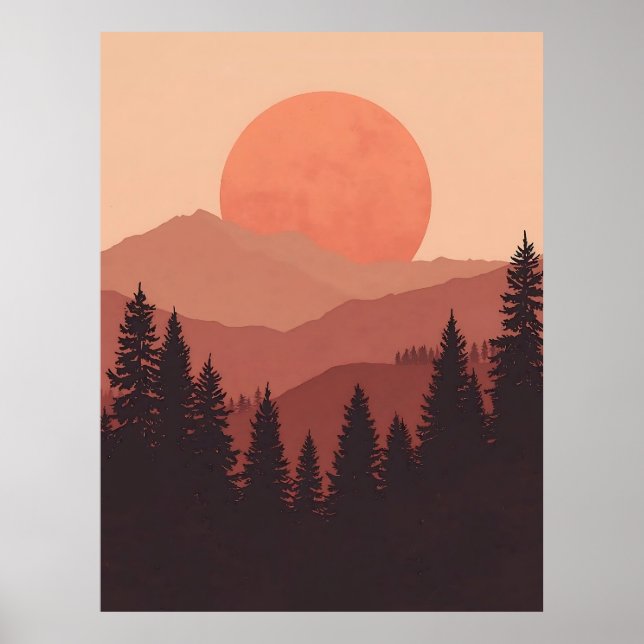 Póster Sunset Mountain Forest Nature Illustration (Frente)