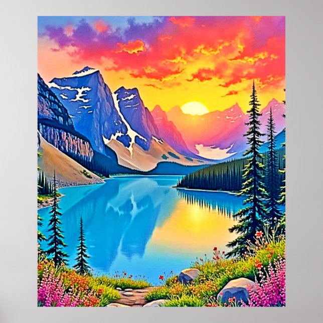 Póster Sunset Mountain Lake Majesty Art (Frente)