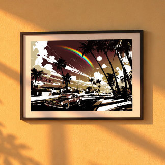 Póster Sunset Muscle Car Hawaii Rainbow Retro Street Art